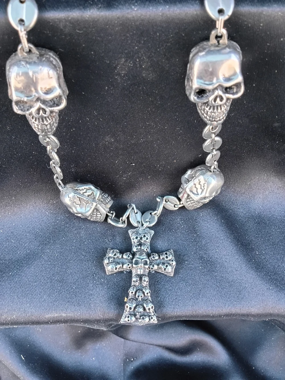 Men's Skull Link Cross Necklace - Silver Tone